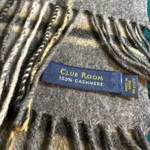 Club Room 100% Cashmere Plaid Scarf Gray Tan Fringe Warm Winter Accessory‎